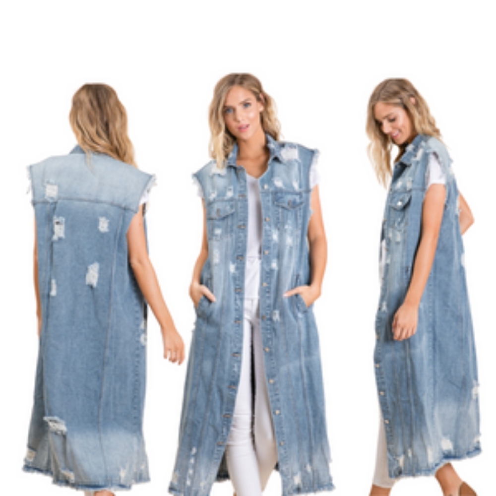 Long Denim Distressed Sleeveless Jacket